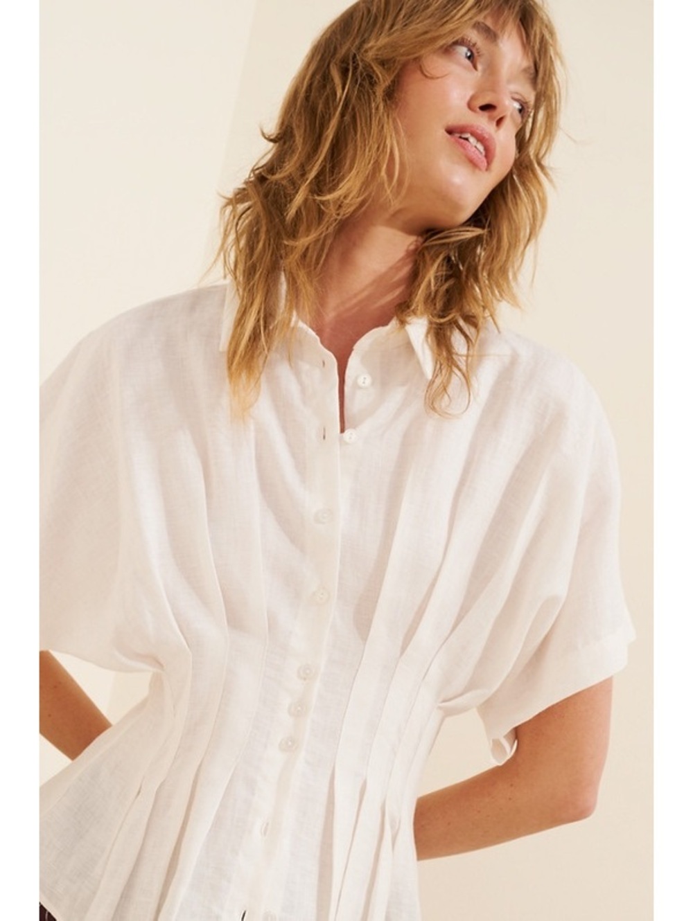 EXQUISE TOBIE Short Sleeve Linen Pleated button front short sleeve shirt